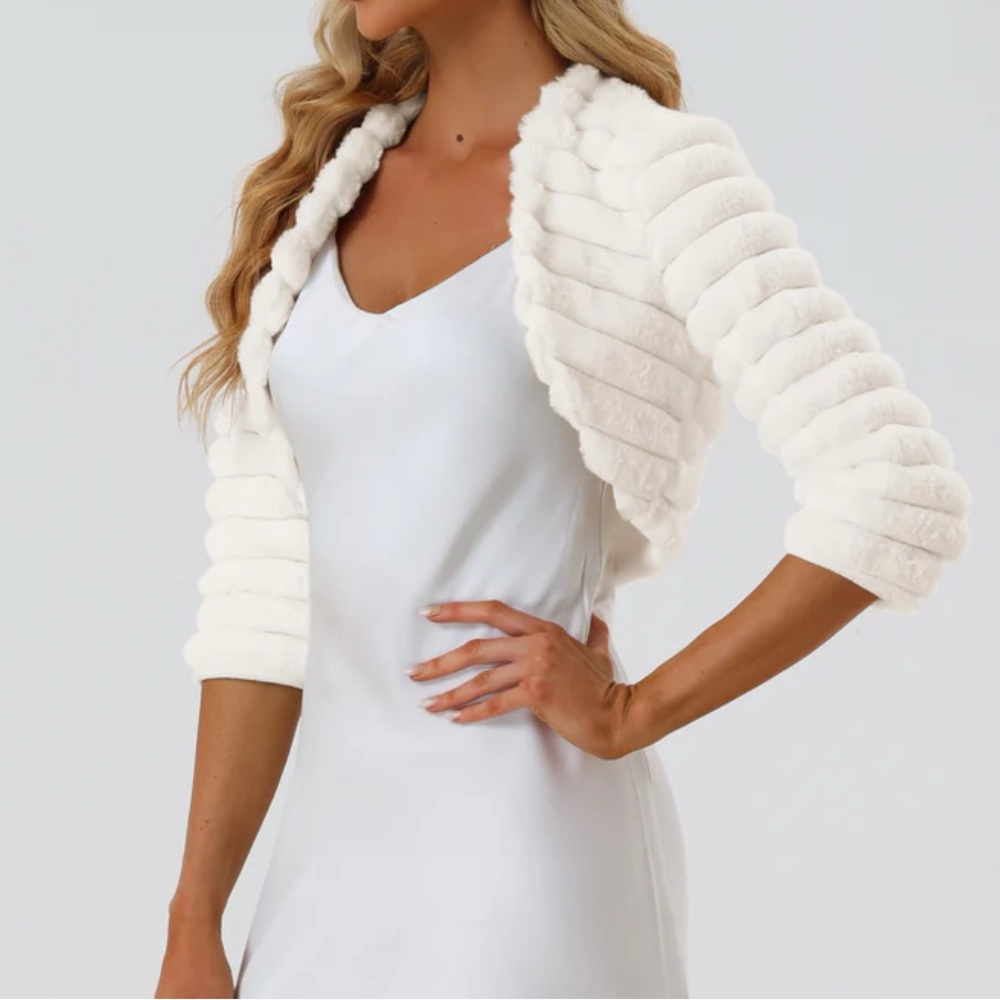 Allegra K Women's White Teddy/Bolero Cropped Jacket